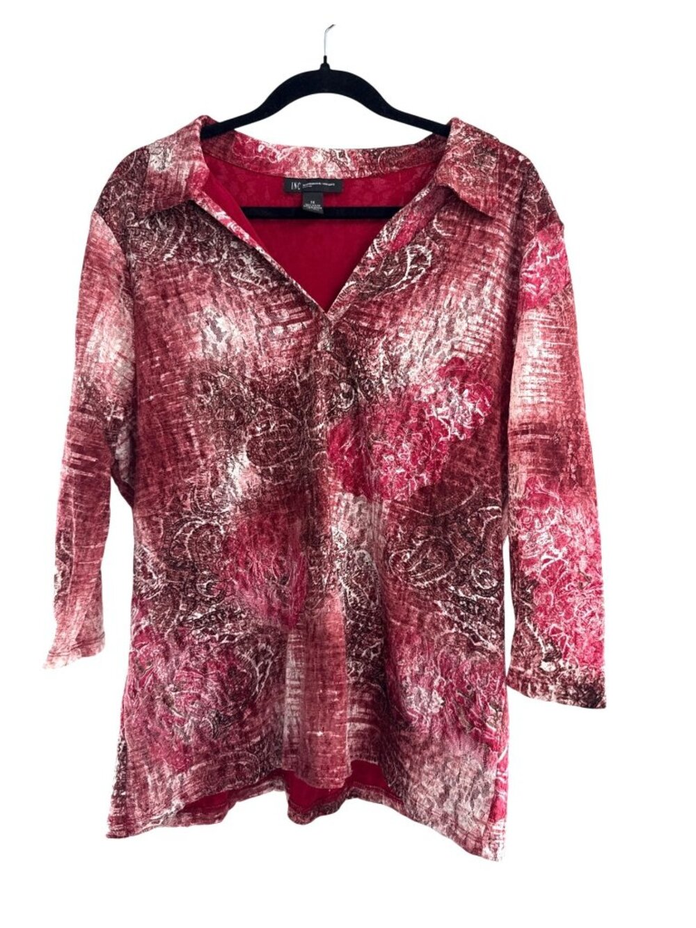 INC International Concepts Womens V-Neck Red Burnout Velvet Paisley Print Top 1X